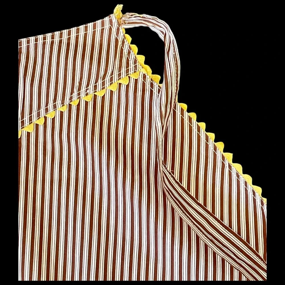 Vintage Apron Handmade Pocket Brown Candy‎ Stripe Yellow Rick Rack